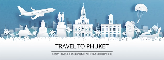 La pubblicità di viaggio con il viaggio a Phuket, concetto della Tailandia con la vista di panorama dell'orizzonte della città e dei punti di riferimento di fama mondiale nello stile del taglio della carta.