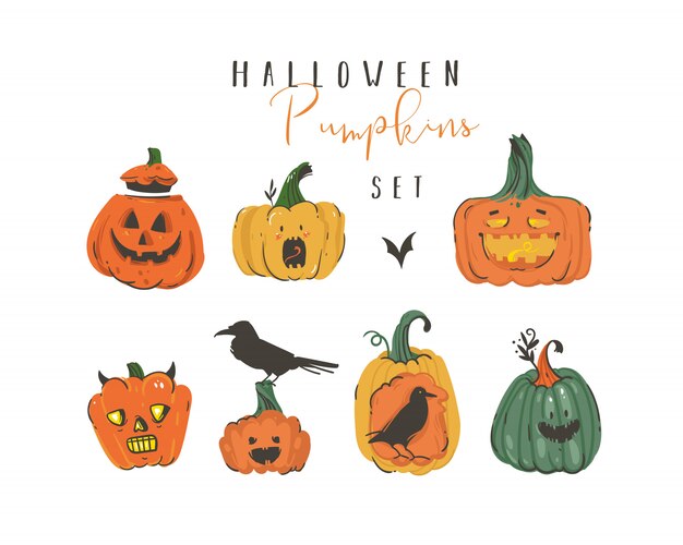 La raccolta felice degli elementi delle illustrazioni di Halloween del fumetto disegnato a mano ha messo con i mostri, i pipistrelli ed i corvi delle lanterne cornuti emoji delle zucche su fondo bianco.