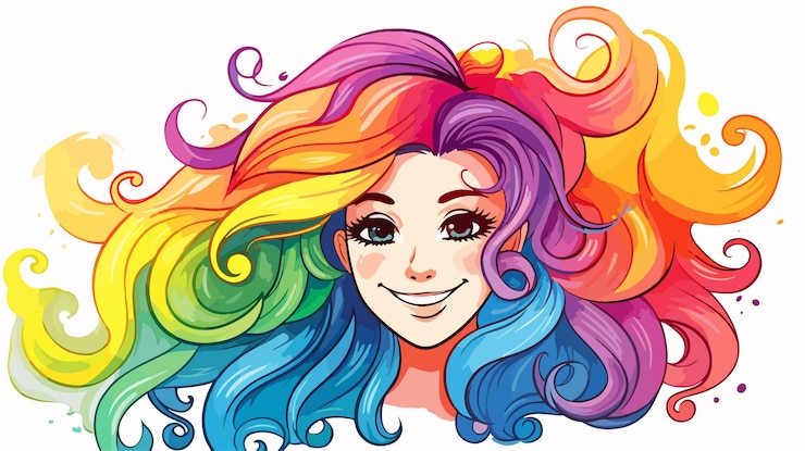 Vettore la ragazza aliena sorridente disegna la linea di gradiente dell'arcobaleno