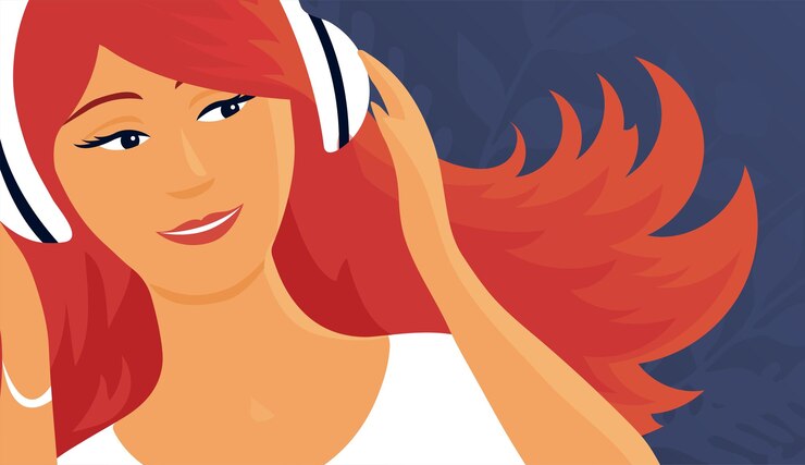 Vettore la ragazza ascolta la musica con le cuffie