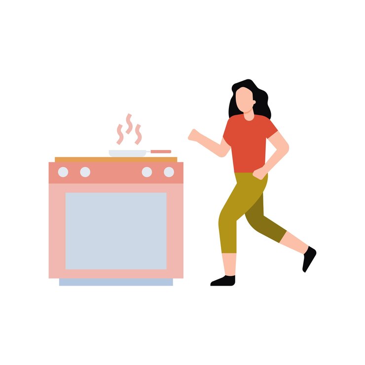 Vettore la ragazza corre a vedere il cibo che brucia