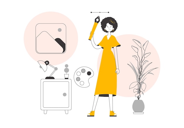 La ragazza designer tiene in mano uno strumento penna per la grafica 2D Illustrazione vettoriale di linee in stile moderno