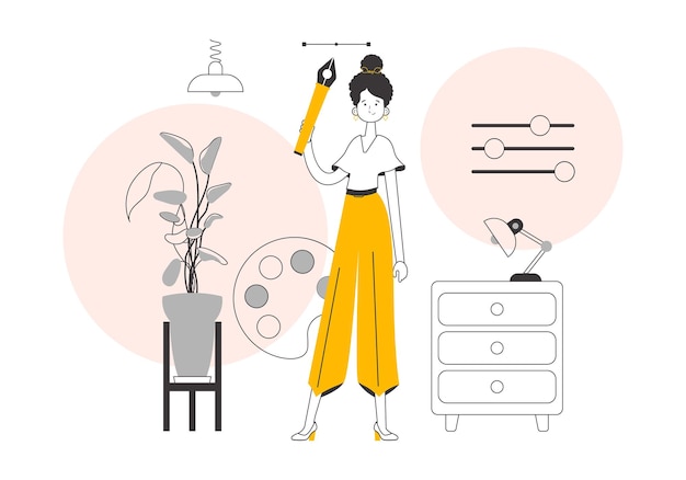 La ragazza designer tiene in mano uno strumento penna per la grafica 2D Linee in stile moderno Vector