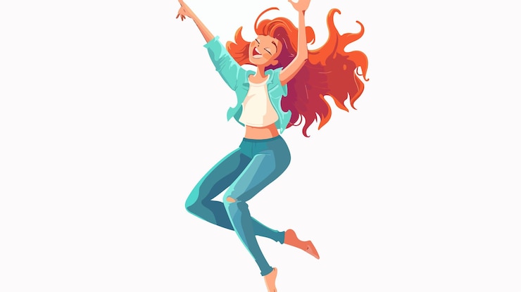 Vettore la ragazza divertente e felice che balla, illustrazione di cartoni animati v