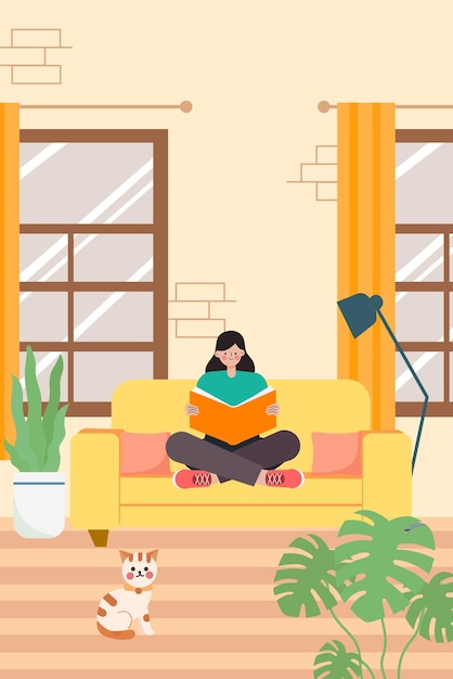 La ragazza è seduta sul divano a leggere l'illustrazione vettoriale