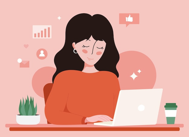 La ragazza lavora smm. Impiegato al fumetto del computer portatile