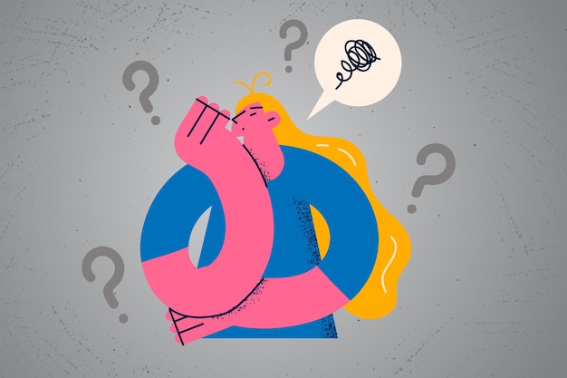 La ragazza millenaria premurosa si sente angosciata pensierosa pensa ai problemi della vita cerca una soluzione. La donna stressata considera le idee risolvono i problemi e trova le risposte. Confusione e salute mentale. Illustrazione vettoriale.