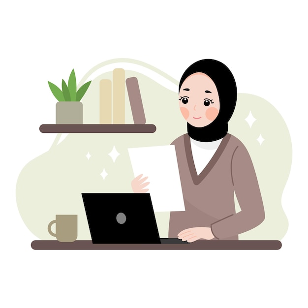 La ragazza musulmana del hijab lavora dal concetto piatto dell'illustrazione domestica
