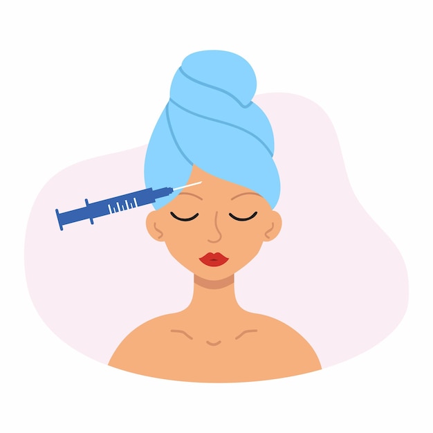 La ragazza riceve un'iniezione antirughe da un cosmetologo. Una donna con un asciugamano in testa si prende cura della bellezza del suo viso.