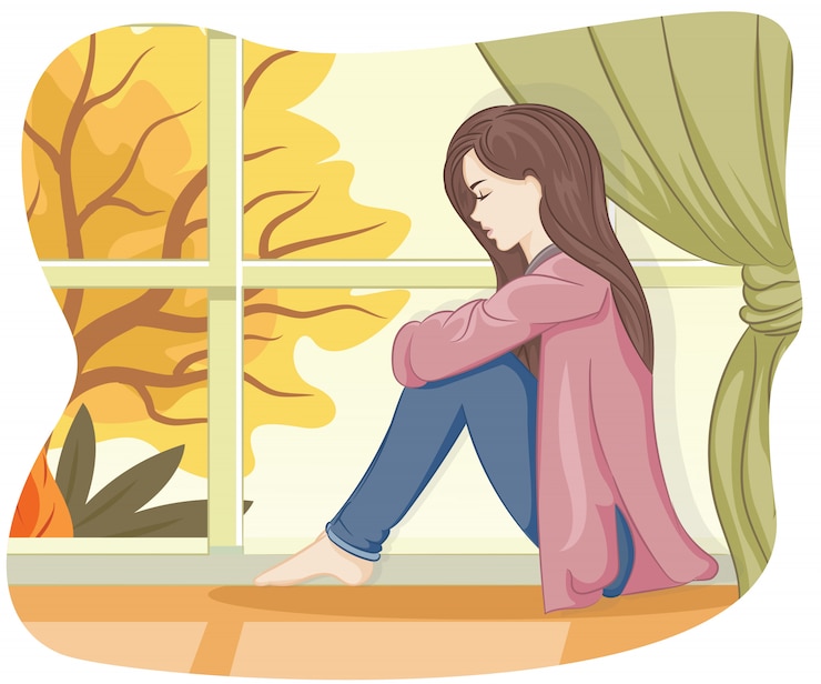 Vettore la ragazza sola guarda fuori dalla finestra su questo autunno illustrazione