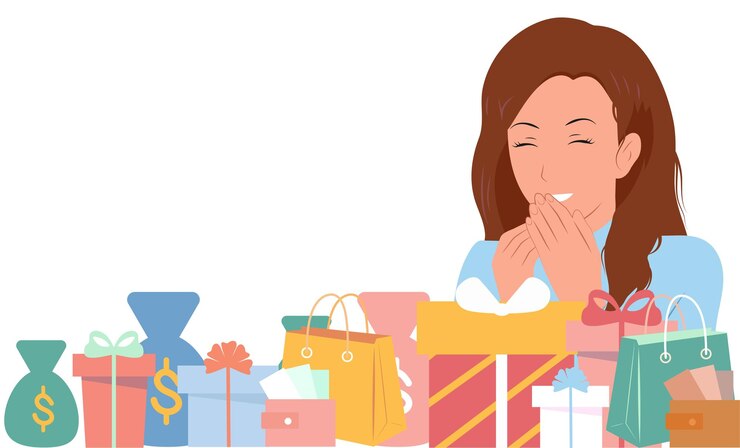 Vettore la ragazza sorride a un regalo di festa per un compleanno o un nuovo anno