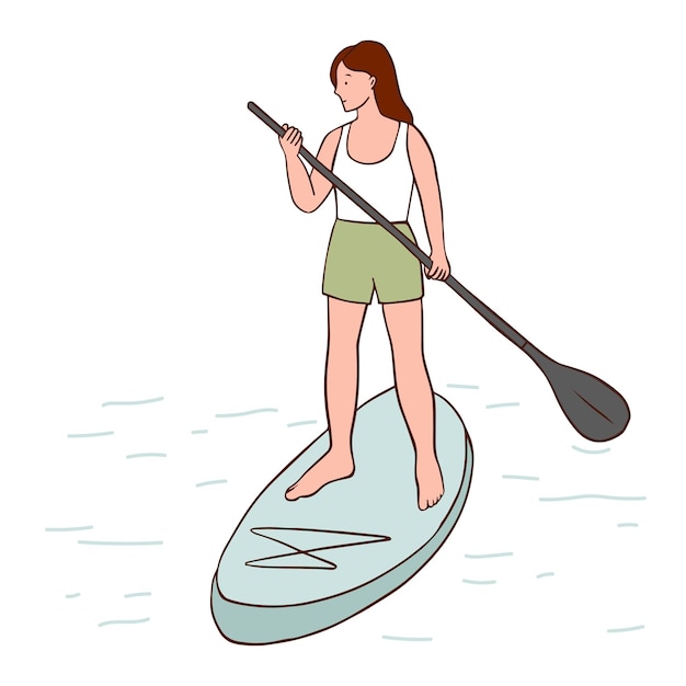 La ragazza sta cavalcando una tavola da sup. Una donna sta su una tavola da paddle e tiene in mano una pagaia.