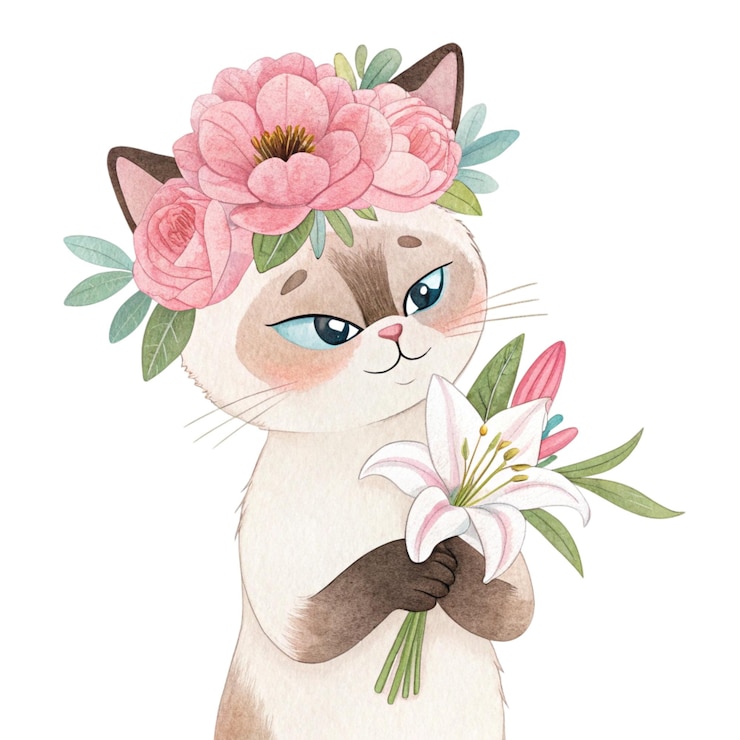 Vettore la razza di gatti più carina del mondo indossa una corona di fiori che tiene il fiore più bello