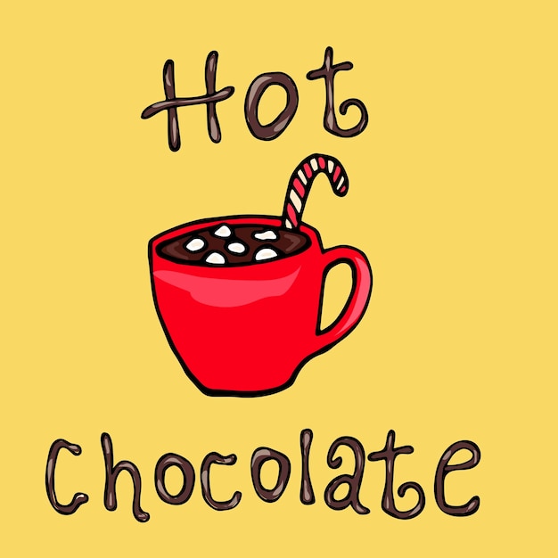 La scritta cioccolata calda con una tazza su sfondo giallo