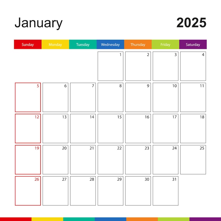 Vettore la settimana del calendario a parete colorato di gennaio 2025 inizia domenica