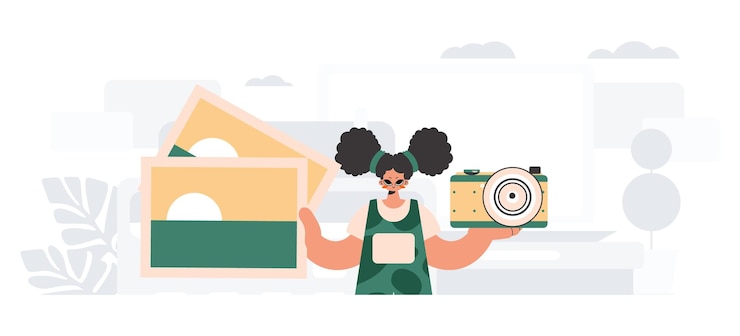 Vettore la signora energica tiene in mano una macchina fotografica e fotografie il concetto di riposo e viaggio illustrazione vettoriale in stile trendy