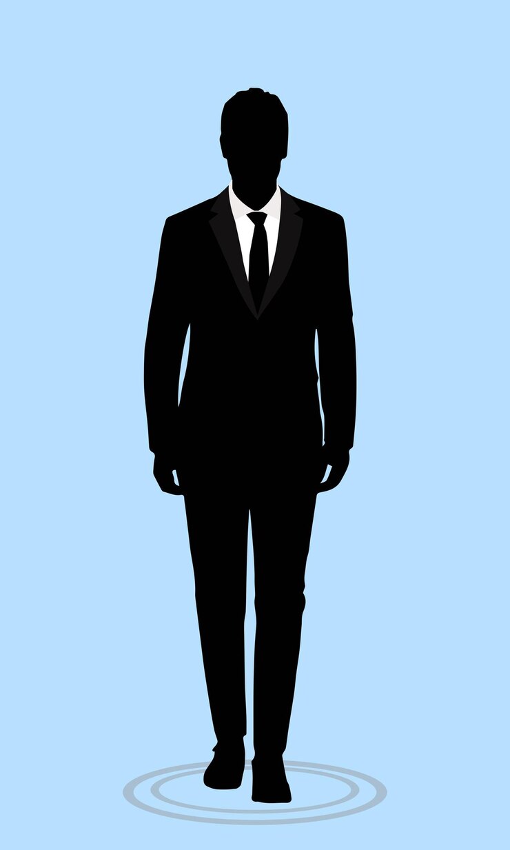La silhouette di un uomo in abito e cravatta è in piedi su uno sfondo blu