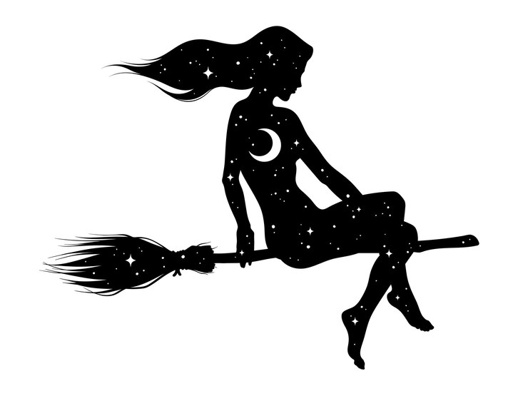 Vettore la siluetta della bella ragazza della strega su una scopa con la luna crescente e le stelle nel profilo ha isolato l'illustrazione disegnata a mano di vettore