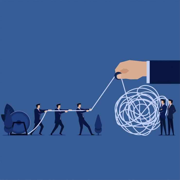 La soluzione aziendale tira la corda aggrovigliata per fissare la metafora della soluzione.