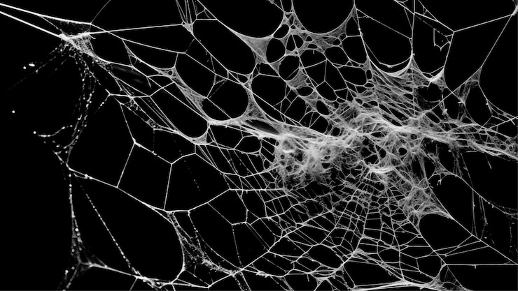 Vettore la spaventosa rete di ragno copre uno sfondo nero abstract
