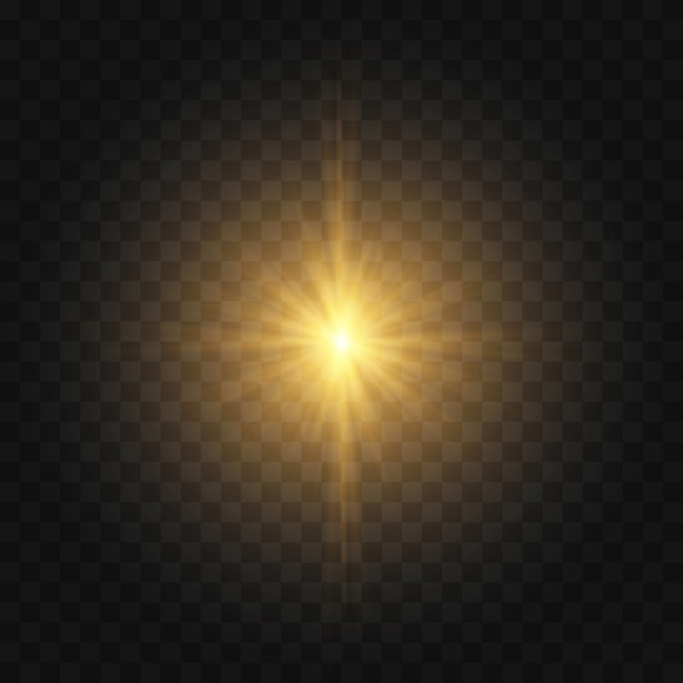 La stella è scoppiata di scintillii. Set di luce gialla incandescente esplode su uno sfondo trasparente Particelle di polvere magica scintillante. Stella luminosa glitter oro. Sole splendente trasparente, lampo luminoso