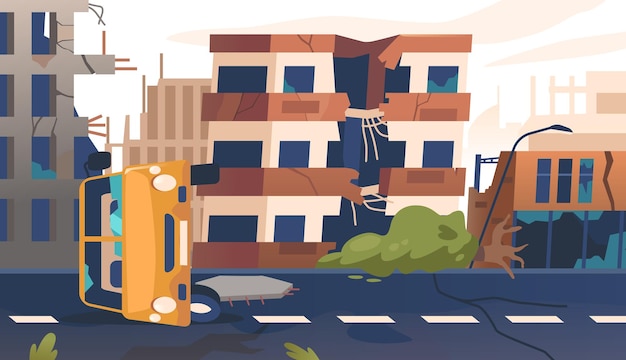 La strada cittadina post-terremoto assomiglia a un labirinto caotico di automobili con detriti di asfalto fratturato e strutture rovesciate che evocano un'atmosfera inquietante e desolata. Illustrazione vettoriale del fumetto