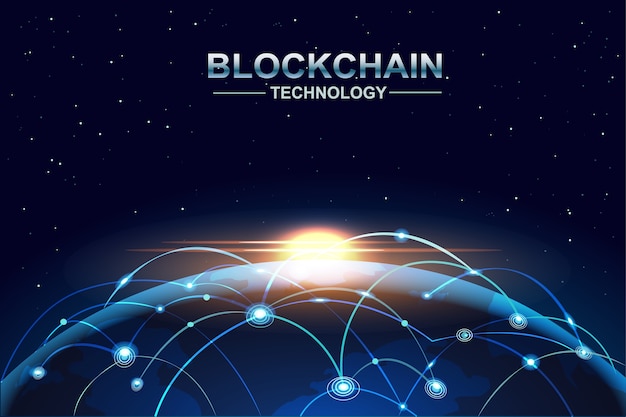 La tecnologia blockchain e bitcoin connettono le reti al di sopra della terra globale.