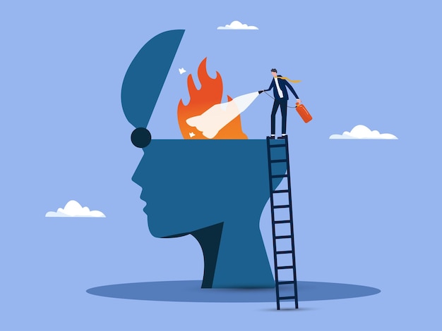 La terapia per raffreddare la mente in fiamme o la rabbia ridurre il burnout o la depressione della malattia mentale curare l'ansia e il concetto di stress l'uomo con l'estintore cerca di estinguere il fuoco che brucia sulla testa umana