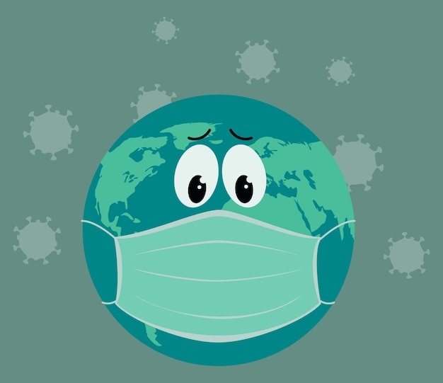 La Terra indossa una maschera per prevenire la diffusione del virus. Virus Corona che attacca la terra, globo che indossa una maschera. Salva la Terra.