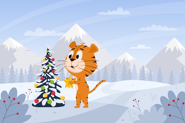 La tigre sveglia del fumetto decora l'albero di Natale nella foresta delle montagne. Paesaggio invernale.