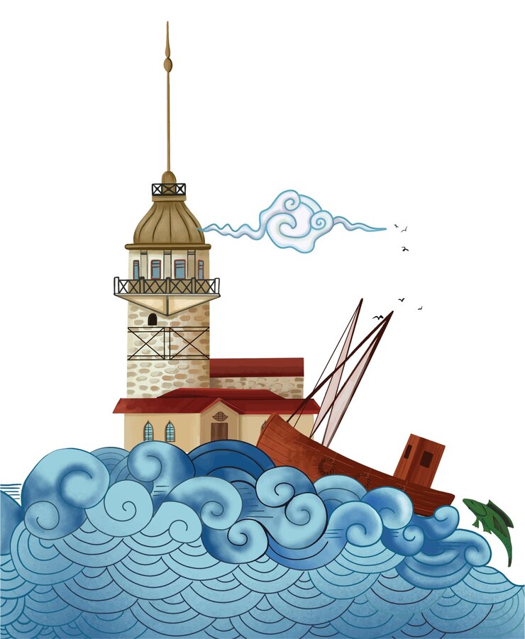 Vettore la torre della fanciulla di istanbul e il mare in stile miniatura disegnato a mano