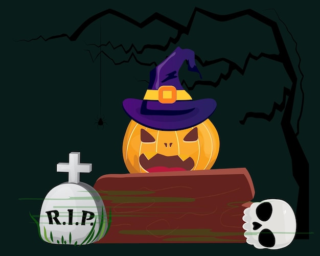 La zucca con un cappello da strega con un teschio e una lapide vicino a un albero inquietante perfetto per i temi di Halloween