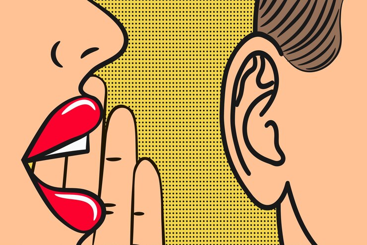 Labbra della donna con la mano che sussurra nell'orecchio dell'uomo con il fumetto