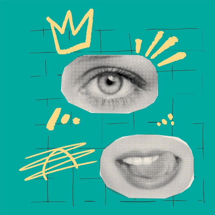 Vettore labbra e occhi femminili come elementi di collage retro a mezza tonalità con scarabocchi femminili per il design multimediale misto