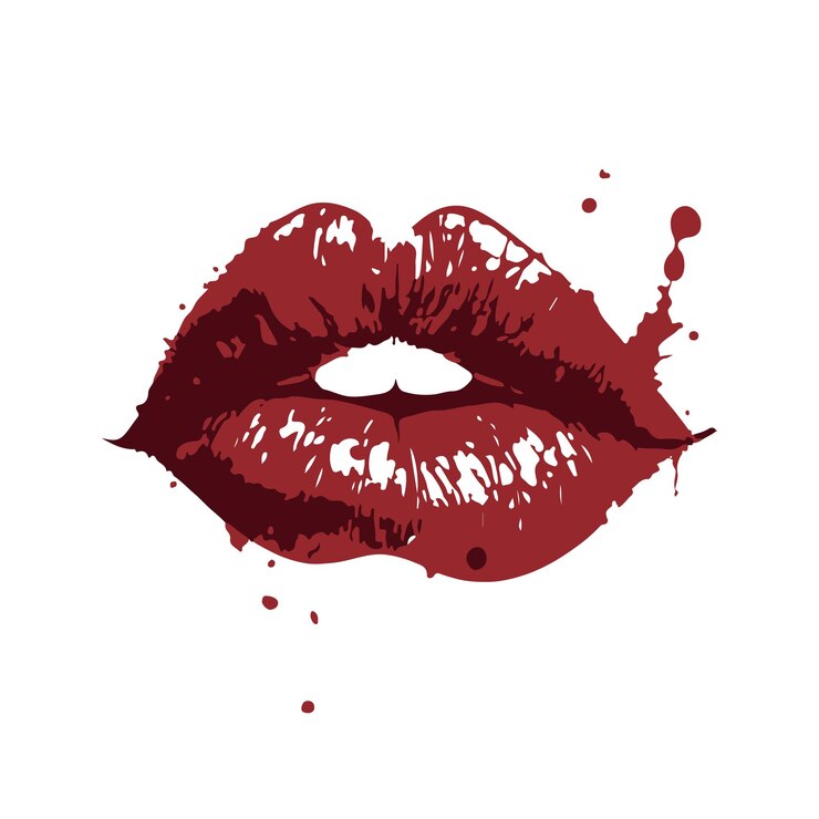 Vettore labbra rosse colorate e sexy lucide in spruzzi di vernice illustrazione vettoriale isolato su sfondo bianco