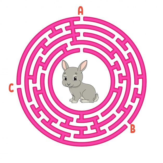 Labirinto circolare. Gioco per bambini. Puzzle per bambini. Enigma del labirinto rotondo. Coniglio coniglio animale.