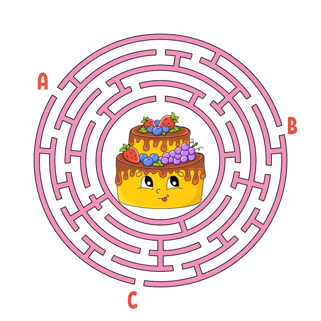 Labirinto circolare Gioco per bambini Puzzle per bambini Rotondo enigma labirinto Trovare la strada giusta Tema di compleanno Illustrazione vettoriale