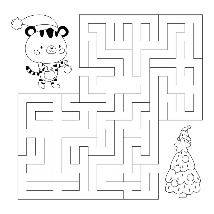Labirinto educativo o gioco del labirinto con tigre e albero di Natale