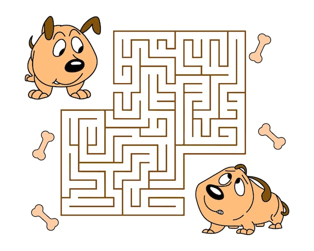 Labirinto educativo per bambini con divertenti cani e ossa divertenti. Illustrazione educativa
