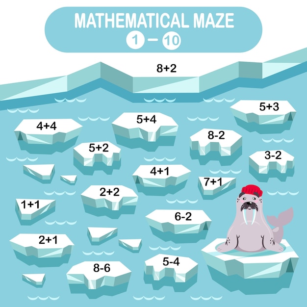 Labirinto matematico per bambini Collezione invernale Tricheco nell'Artico su un lastrone di ghiaccio