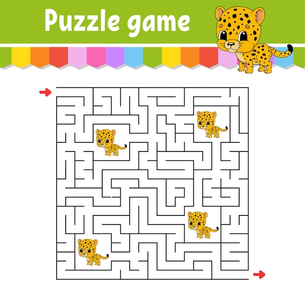 Labirinto quadrato. Gioco per bambini. Giaguaro maculato. Puzzle per bambini. Enigma del labirinto. Trova la strada giusta. Personaggio dei cartoni animati.