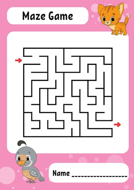 Labirinto quadrato Gioco per bambini Labirinto divertente Foglio di lavoro per lo sviluppo dell'istruzione Pagina attività Puzzle per bambini in stile cartone animato Riddle for preschool Enigma logico Illustrazione vettoriale