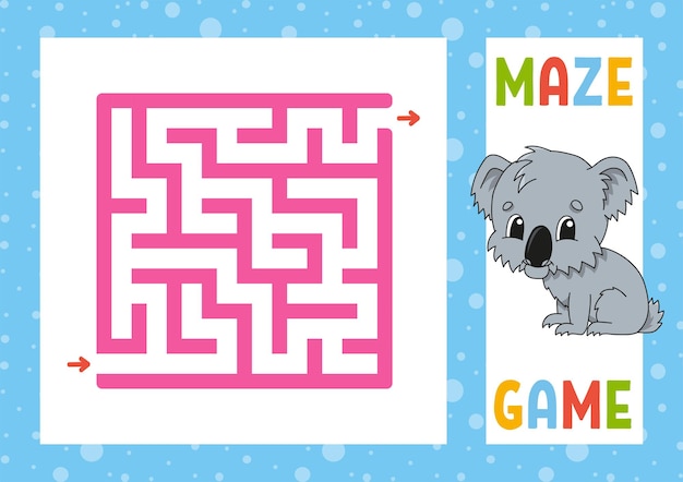 Labirinto quadrato. Gioco per bambini. Puzzle per bambini. Carattere felice. Enigma del labirinto.
