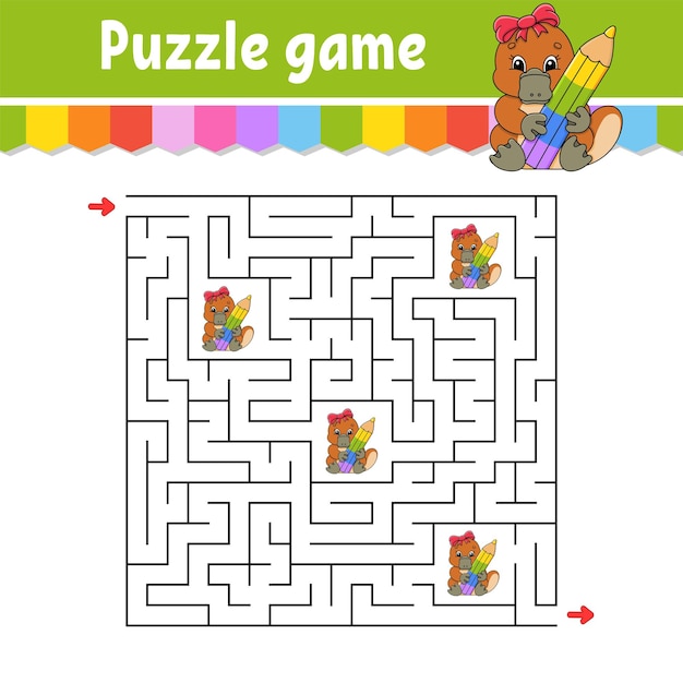 Labirinto quadrato Gioco per bambini Puzzle per bambini Enigma del labirinto Illustrazione vettoriale a colori