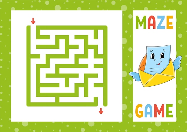 Labirinto quadrato Gioco per bambini Puzzle per bambini Personaggio felice Enigma labirinto Illustrazione vettoriale a colori