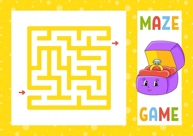 Labirinto quadrato Gioco per bambini Puzzle per bambini Personaggio felice Enigma labirinto Illustrazione vettoriale a colori