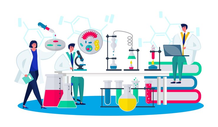 Vettore laboratorio con illustrazione vettoriale di ricerca scientifica scienziato persone carattere usa attrezzature di laboratorio per...