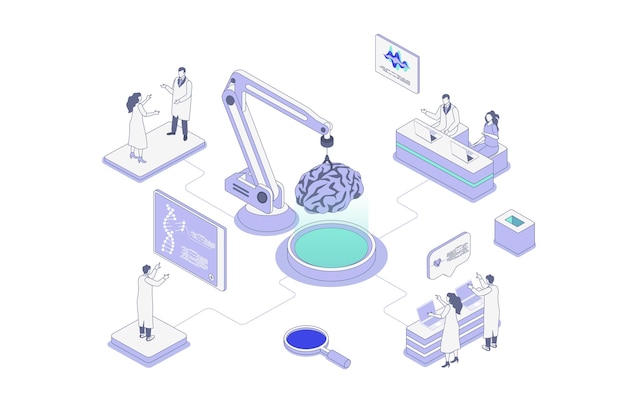 Laboratorio medico concetto isometrico in contorno isometria progettazione per il web persone scienziati che fanno ricerche scientifiche sul cervello umano studiando la molecola di dna facendo test genetici illustrazione vettoriale