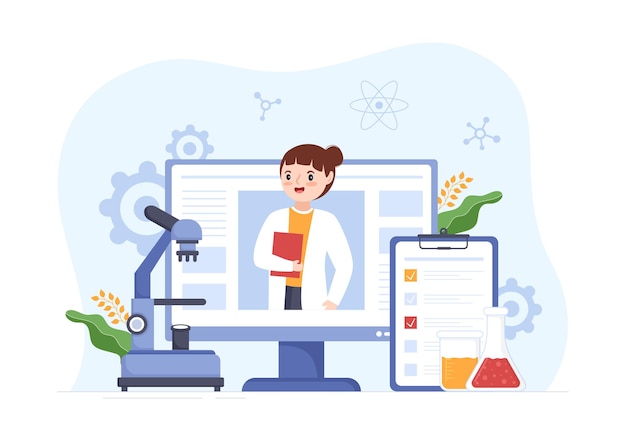 Laboratorio online con conduzione di ricerche scientifiche e misurazioni in un laboratorio in illustrazione