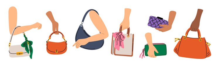 Vettore ladies hands holding bags fashionable leather female accessories designer trendy handbags elegant style woman arms carrying glamour purse or clutch stylish tote garish vector set